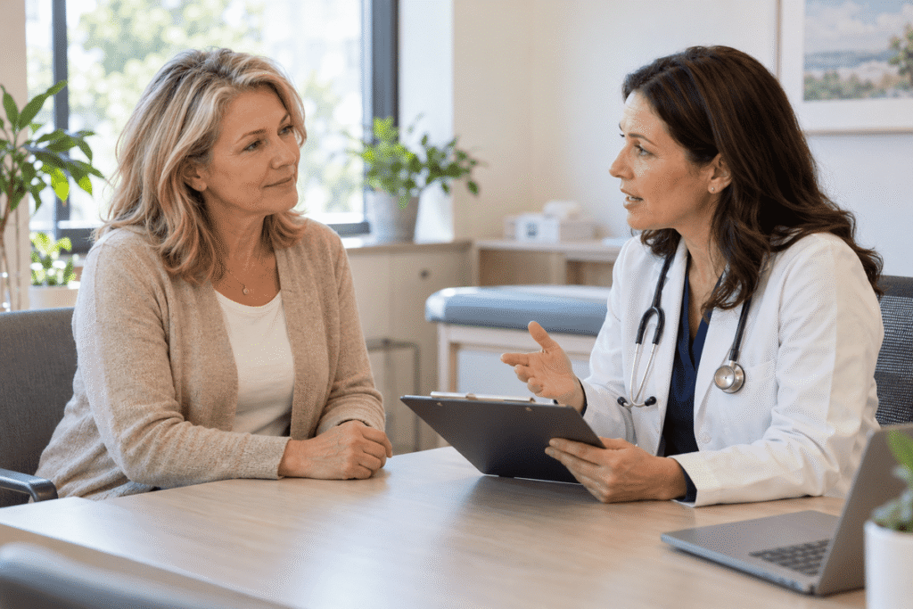 Healthcare provider showing two injection pens to a woman, illustrating a consultation for the “What is HRT” guide