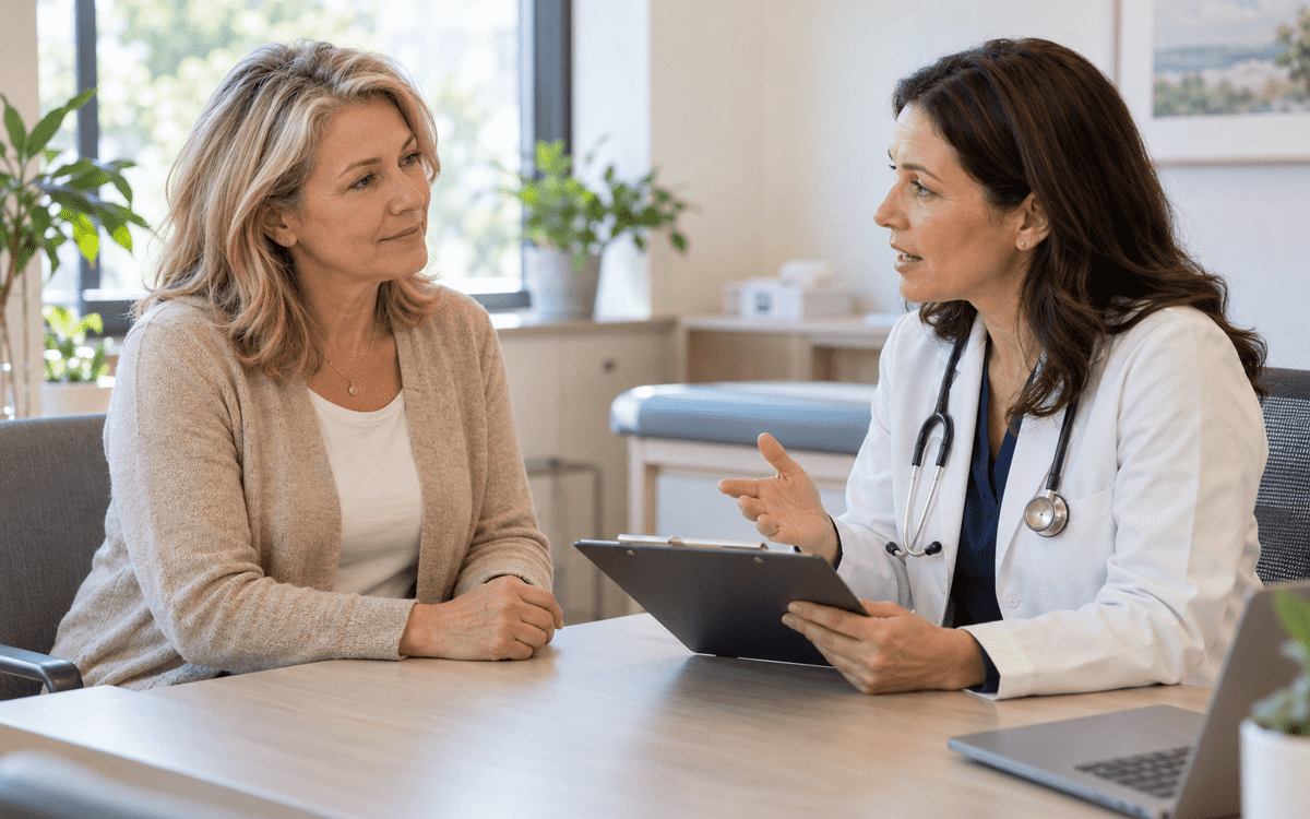 Healthcare provider showing two injection pens to a woman, illustrating a consultation for the “What is HRT” guide