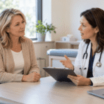 Healthcare provider showing two injection pens to a woman, illustrating a consultation for the “What is HRT” guide