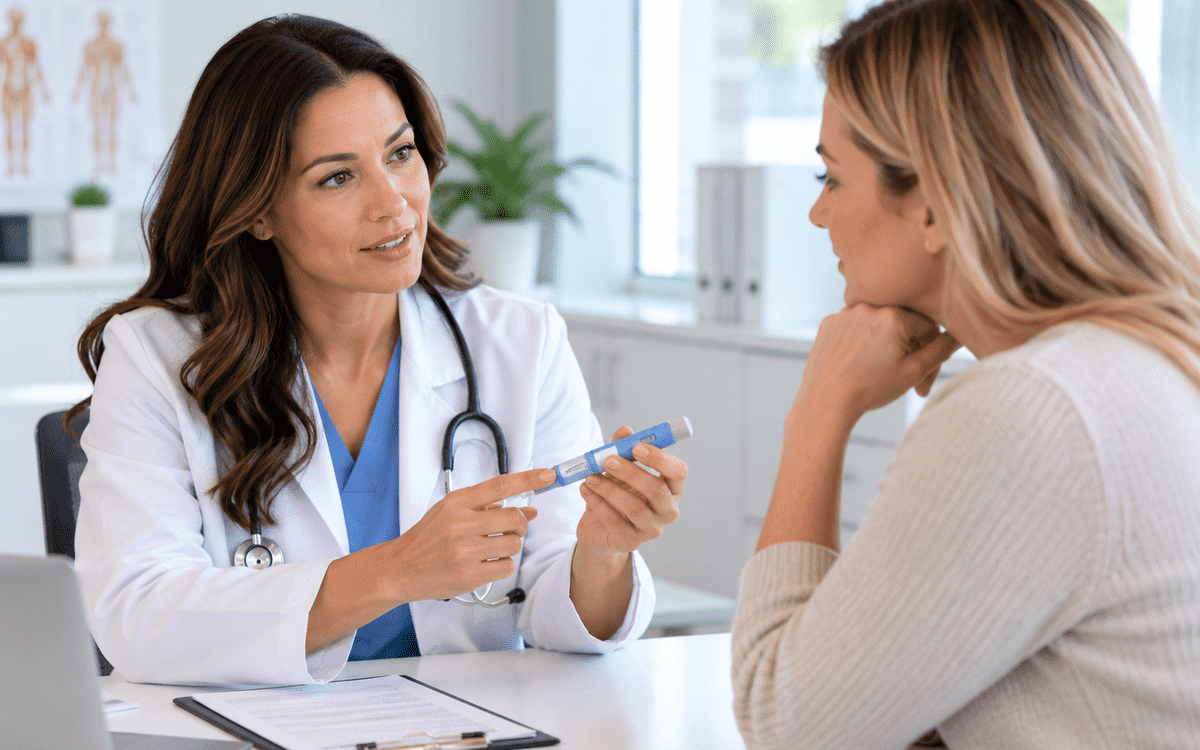 Doctor discussing stopping GLP-1 medication with a female patient while showing an injection pen during a medical weight loss consultation.