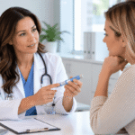 Doctor discussing stopping GLP-1 medication with a female patient while showing an injection pen during a medical weight loss consultation.