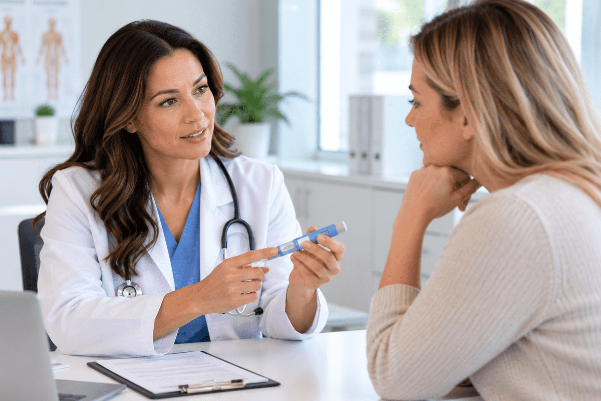 Doctor discussing stopping GLP-1 medication with a female patient while showing an injection pen during a medical weight loss consultation.