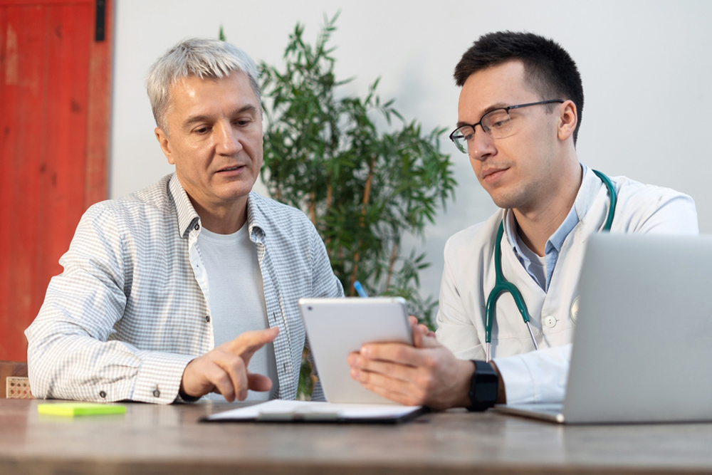 Man discussing testosterone deficiency and poor sleep symptoms with a healthcare provider