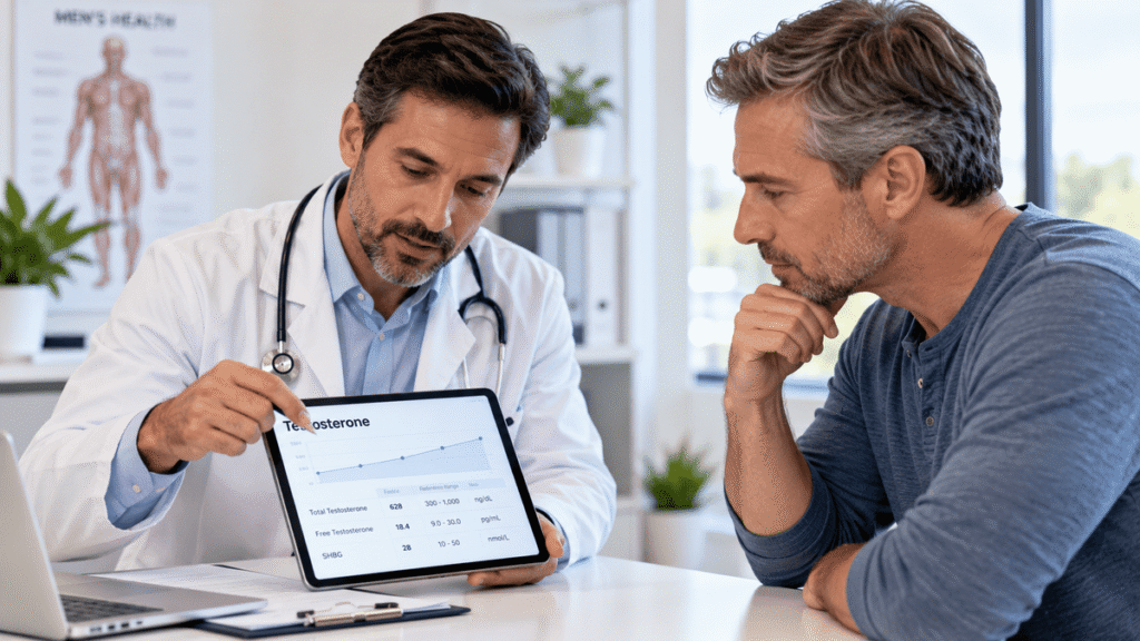 Doctor reviewing testosterone blood test results with a middle-aged male patient during a consultation about the TRT treatment timeline.